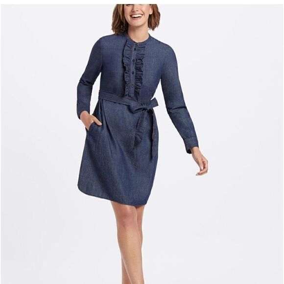 Draper James Chambray Belted Ruffle Long Sleeve Shift Dress - Picture 14 of 14